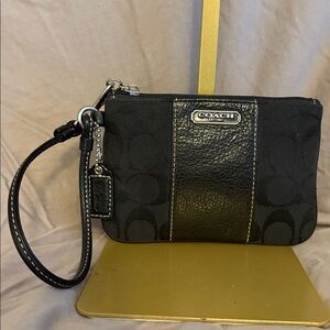 Coach Black On Black Signature C Canvas Leather Zip Top Wristlet.
